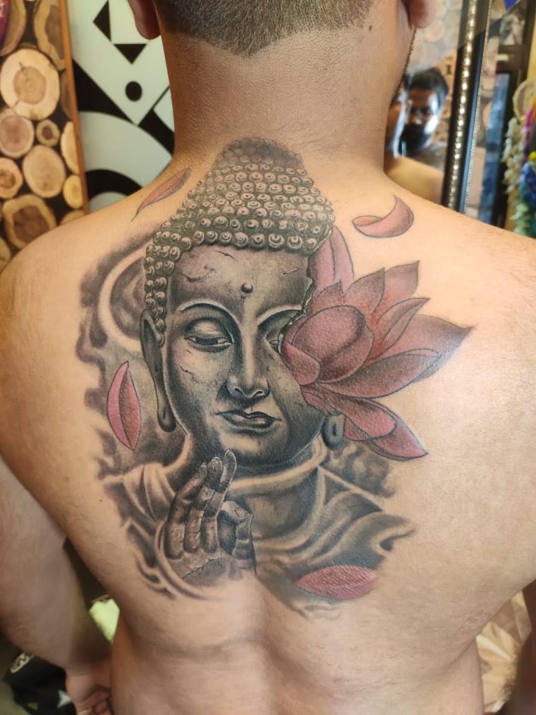 Double Buddha Shrine and Flowers Black and White Full Chest Tattoo|  WannaBeInk.com